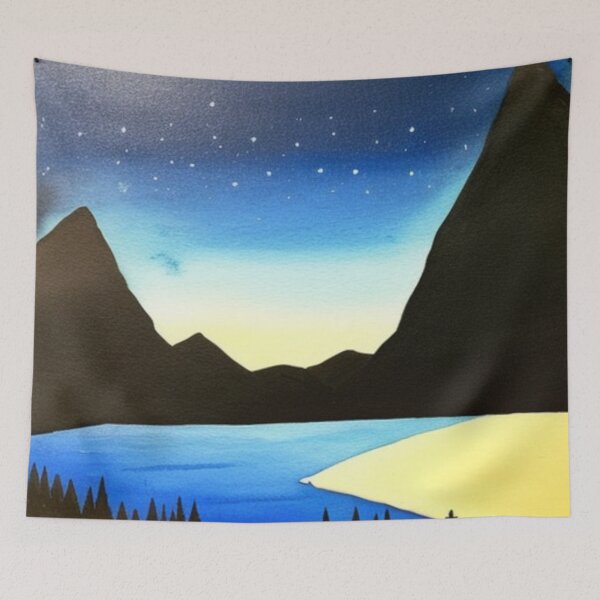 Item preview, Starry Night Sky Over a Mountain Lake in Watercolor designed and sold by SquishStitches.