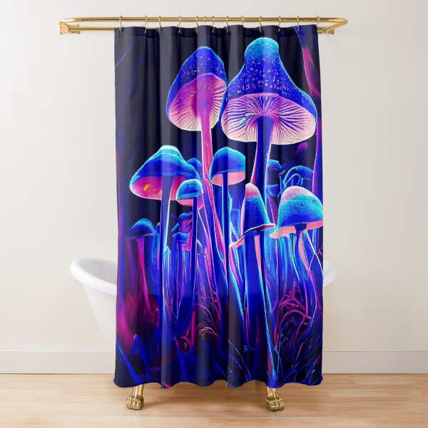 Mushrooms Shower Curtain, 71x74 inches, Kids Bathroom Decor, Fantasy Home  Art, Mycology Print, Mycologist Gift - Magic Shrooms, Cyan Blue and Gold