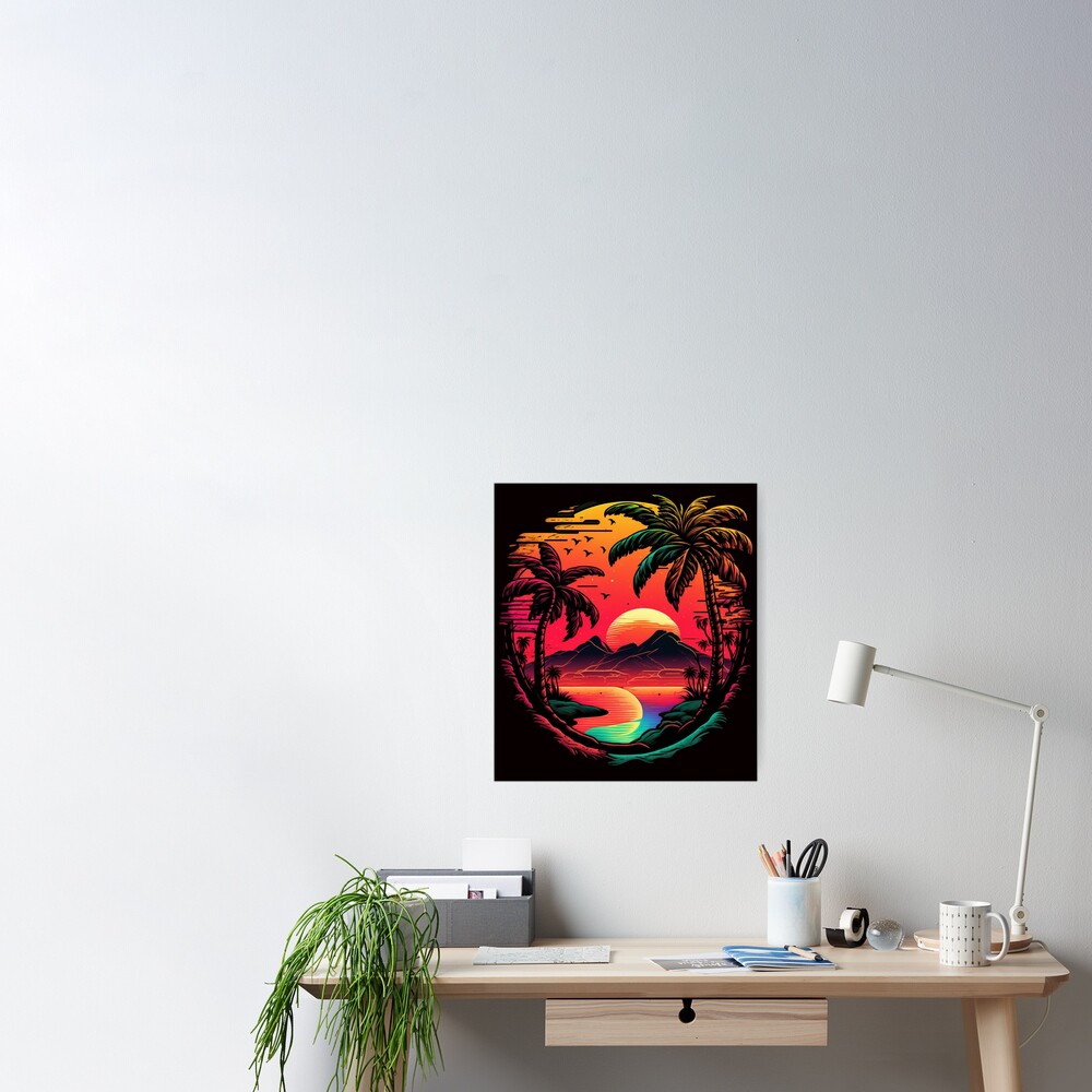 Palm tree mountain view sunset art, Vibrant sunset Palm Tree Art Sticker  for Sale by AILaboratory21