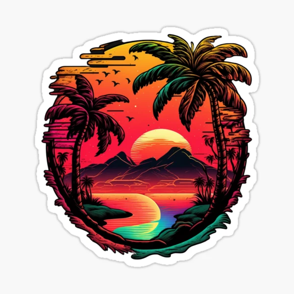 Palm tree mountain view sunset art, Vibrant sunset Palm Tree Art Sticker  for Sale by AILaboratory21