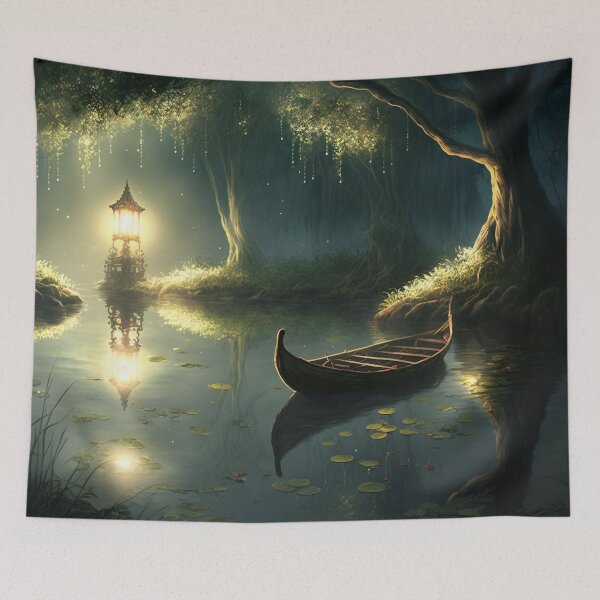 Item preview, Glowing Lantern Illuminates Magical Pond with Small Boat designed and sold by Dragonstrom.