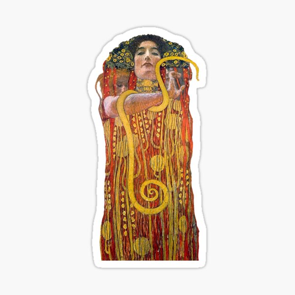 Aperçu de l'œuvre Hygie de Gustav Klimt, version découpée, célèbre chef-d'œuvre, couleurs or et rouge créée et vendue par EmeraldeaArt.
