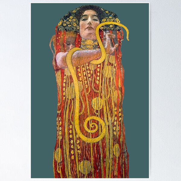 Aperçu de l'œuvre Hygie de Gustav Klimt, version découpée, célèbre chef-d'œuvre, couleurs or et rouge créée et vendue par EmeraldeaArt.