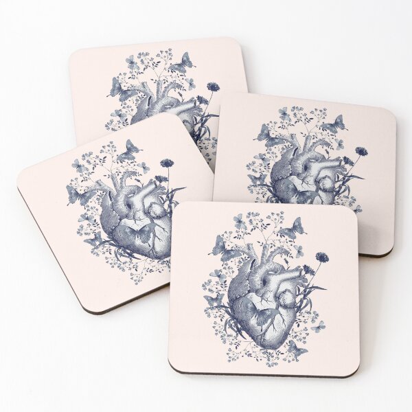 Item preview, Blue navy, Floral and butterflies with Human Heart in love, vintage effect watercolor pink  flowers, Heart, anatomical Human heart designed and sold by Collagedream.