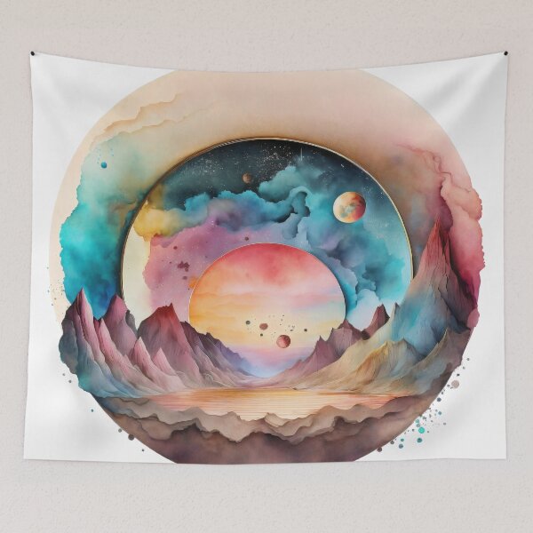 Item preview, Space Mountains And Sky Fantasy Watercolor Dreamscape Circle Design designed and sold by entwithanaxe.
