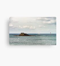 Seaside landscape with old medieval fort on the island, pirate frigate and lighthouse, Bretagne, France Metal Print