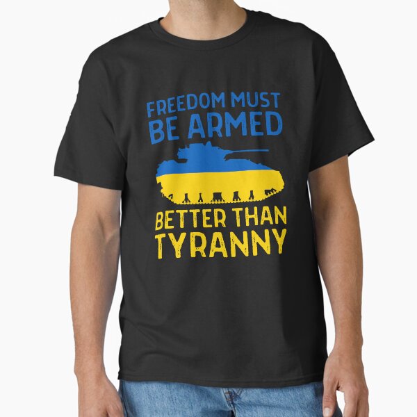 Item preview, Ukraine Support - Freedom Must Be Armed Better Than Tyranny - Blue and Yellow Text and Tank on Black - Ukrainian Flag  designed and sold by GodsFlagFandom.