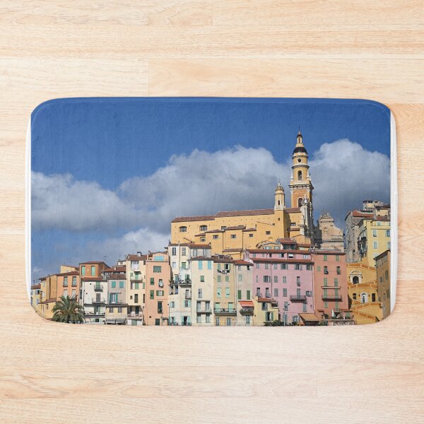 Item preview, Colorful old buildings and church tower in Menton France summer season designed and sold by goceris.
