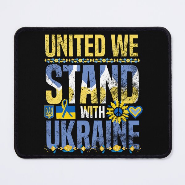 Item preview, Ukraine Support Ribbon - United We Stand With Ukraine Sunflower - Yellow and Blue Text Shield and Trident on Black - Ukrainian Heart Flag designed and sold by GodsFlagFandom.