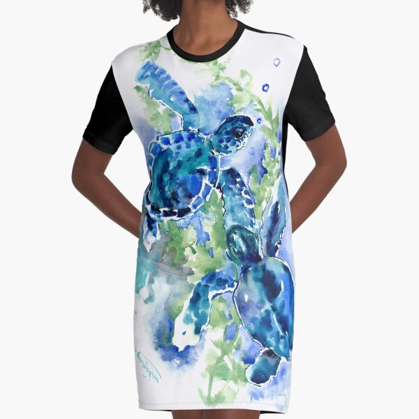 Sea Turtles Turquoise BLue design Graphic T-Shirt Dress