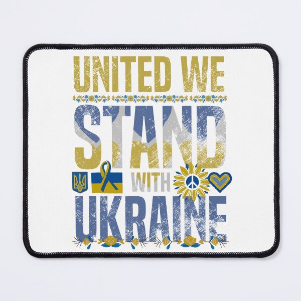 Item preview, Ukraine Support Ribbon - United We Stand With Ukraine Sunflower - Yellow and Blue Text Shield and Trident on White - Ukrainian Heart Flag designed and sold by GodsFlagFandom.