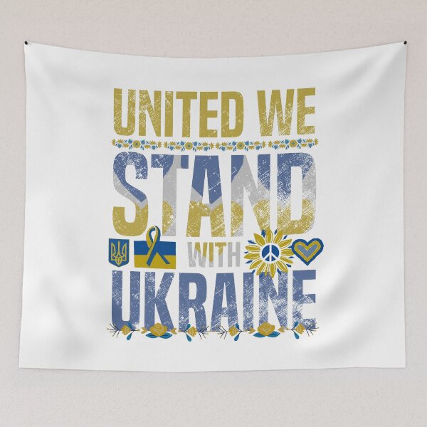 Item preview, Ukraine Support Ribbon - United We Stand With Ukraine Sunflower - Yellow and Blue Text Shield and Trident on White - Ukrainian Heart Flag designed and sold by GodsFlagFandom.