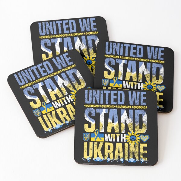 Item preview, Ukraine Support Ribbon - United We Stand With Ukraine Sunflower - Yellow and Blue Text Shield and Trident on Black - Ukrainian Heart Flag designed and sold by GodsFlagFandom.