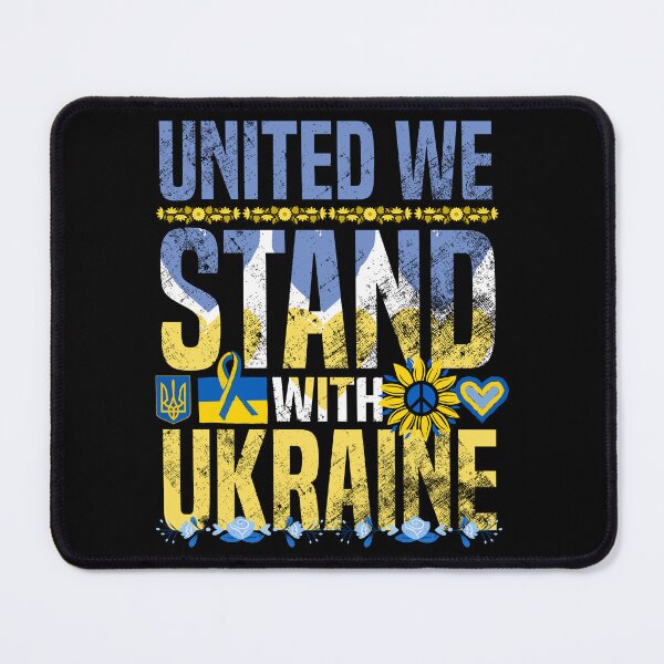 Item preview, Ukraine Support Ribbon - United We Stand With Ukraine Sunflower - Yellow and Blue Text Shield and Trident on Black - Ukrainian Heart Flag designed and sold by GodsFlagFandom.