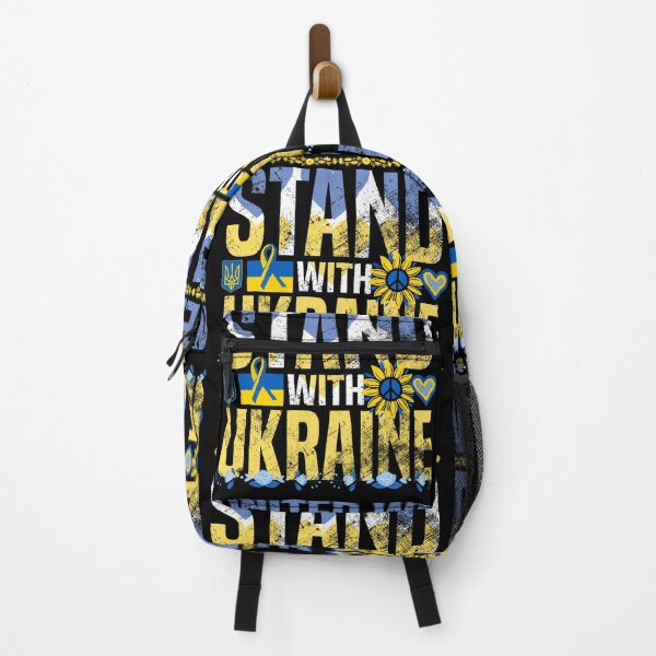 Item preview, Ukraine Support Ribbon - United We Stand With Ukraine Sunflower - Yellow and Blue Text Shield and Trident on Black - Ukrainian Heart Flag designed and sold by GodsFlagFandom.