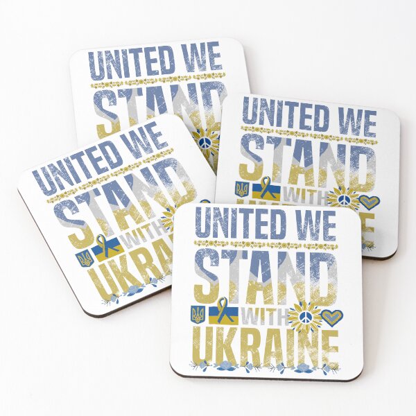 Item preview, Ukraine Support Ribbon - United We Stand With Ukraine Sunflower - Yellow and Blue Text Shield and Trident on White - Ukrainian Heart Flag designed and sold by GodsFlagFandom.
