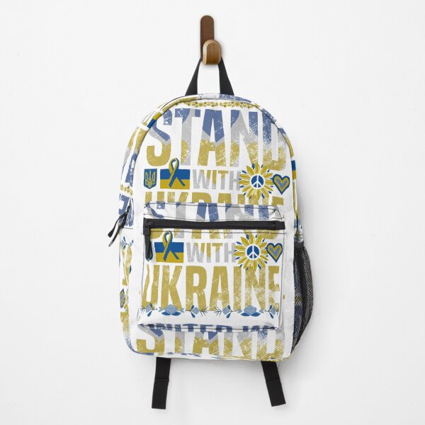Item preview, Ukraine Support Ribbon - United We Stand With Ukraine Sunflower - Yellow and Blue Text Shield and Trident on White - Ukrainian Heart Flag designed and sold by GodsFlagFandom.