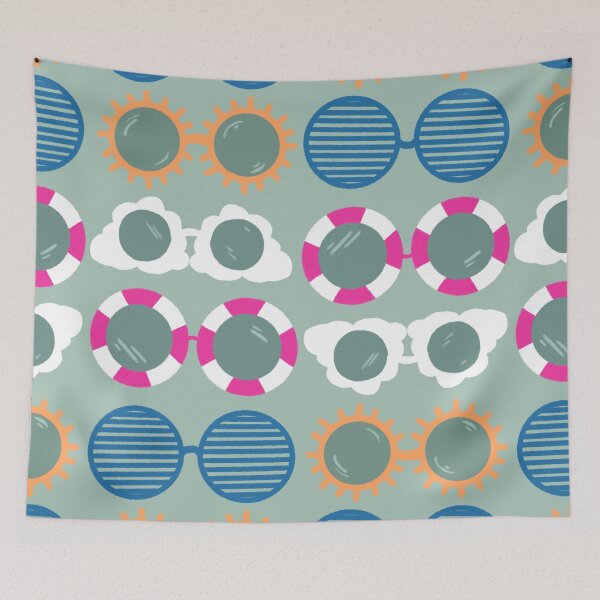 Item preview, Cool beachy sunshades in blue, pink, and tangerine on sage designed and sold by katerosestudios.