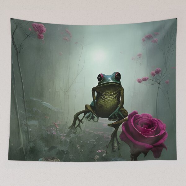 Item preview, Stylistic Scene of a Jumping Frog With Red Roses secret designed and sold by Ink Art Design.