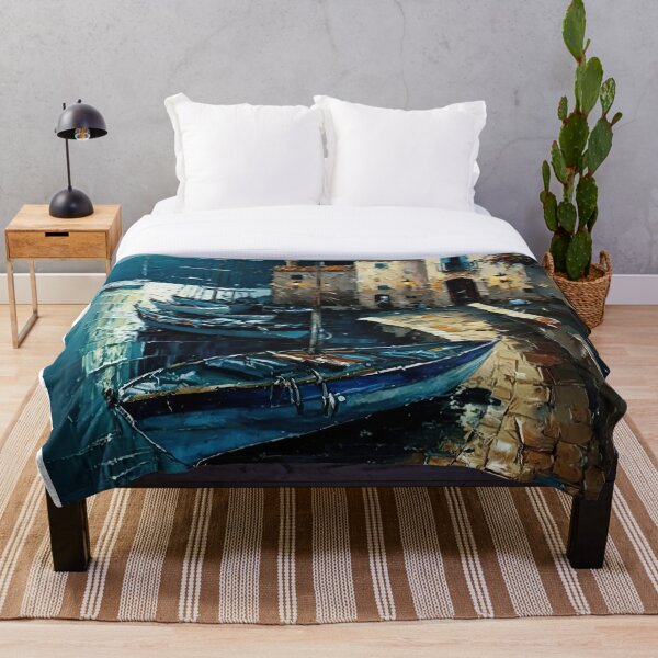 Artikelvorschau, Vintage Spachtelmalerei des Fischerdorfes an der Meeresküste bei Nacht, AI-Drucke, blau entworfen und verkauft von XIX361ART.