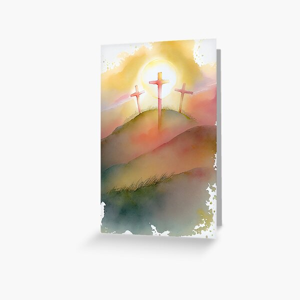 Item preview, Abstract Watecolor Painting of Calvary Hill - Three Cross and Sun - Easter Greeting Card Design designed and sold by PixelView Media.