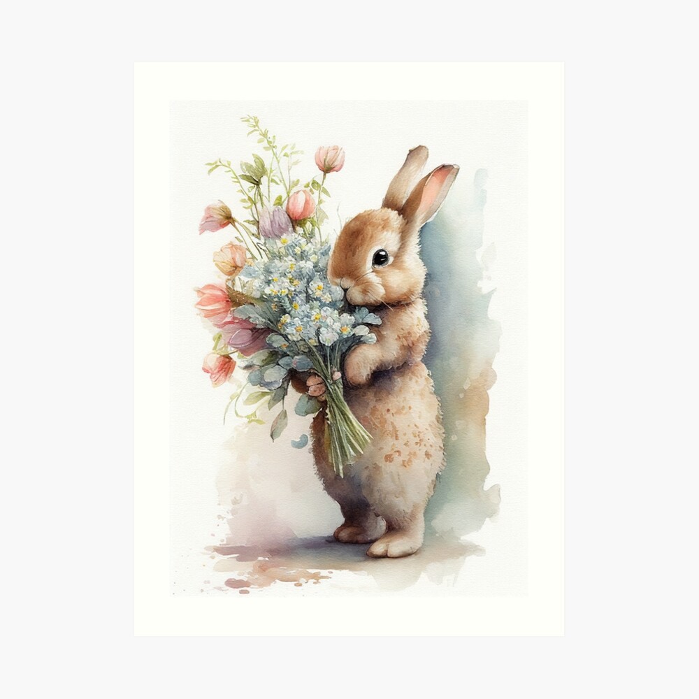 Easter Bunny Butterflies Flowers Fantasy Art Composite Oil Painting Poster Print selling