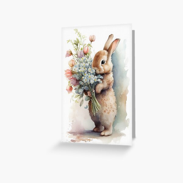 Item preview, Easter Bunny with Bouquet of Flowers Watercolor Painting - Beautiful Easter Greeting Card Design designed and sold by PixelView Media.