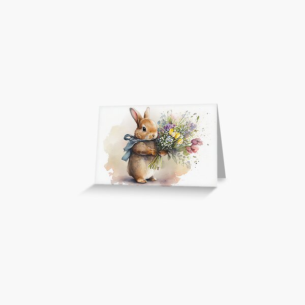 Item preview, Easter Bunny with Bouquet of Flowers Watercolor Painting - Beautiful Easter Greeting Card Design designed and sold by PixelView Media.