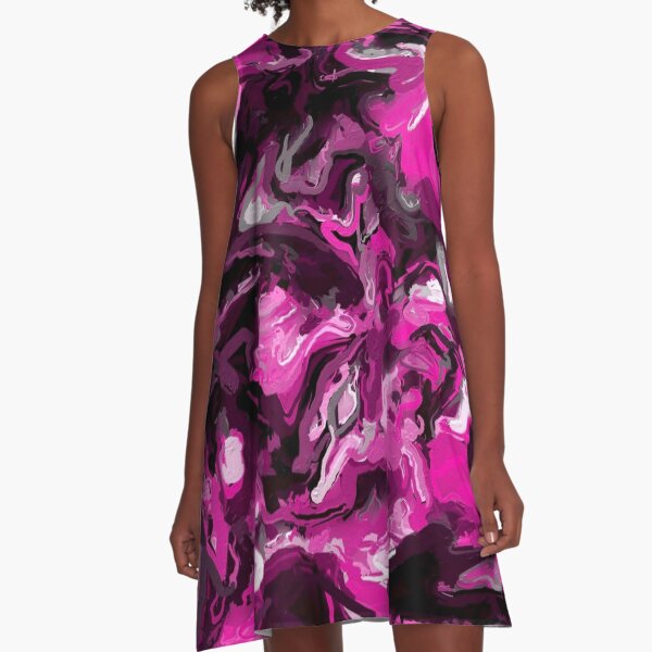 Pink, Black, White and Gray Swirls A-Line Dress