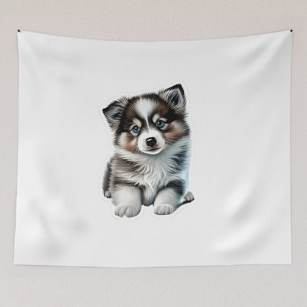 Item preview, Cute Silver blue-eyed Pomsky/Mini Husky Puppy digital art drawing for printables designed and sold by BHC-P.