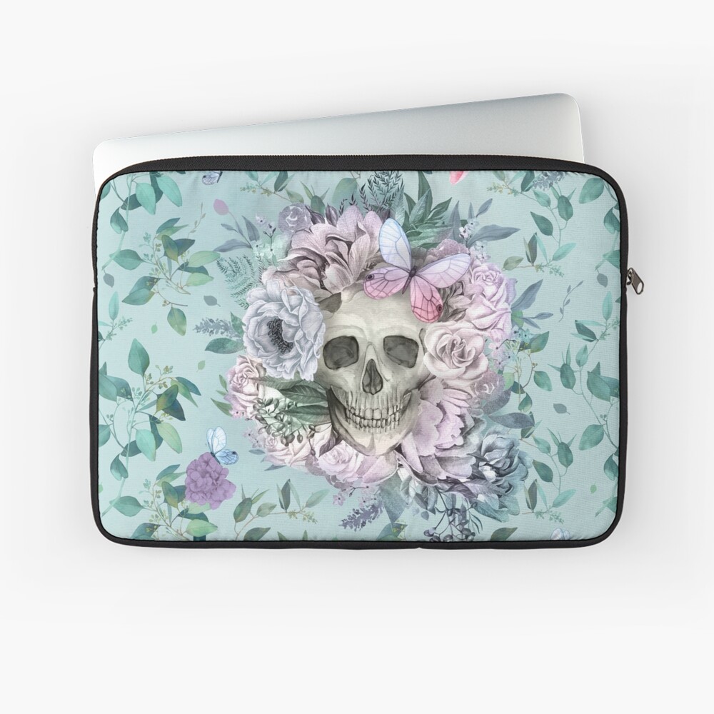 skull butterfly floral laptop sleeve on redbubble, art by Sherrie Thai of Shaireproductions.com