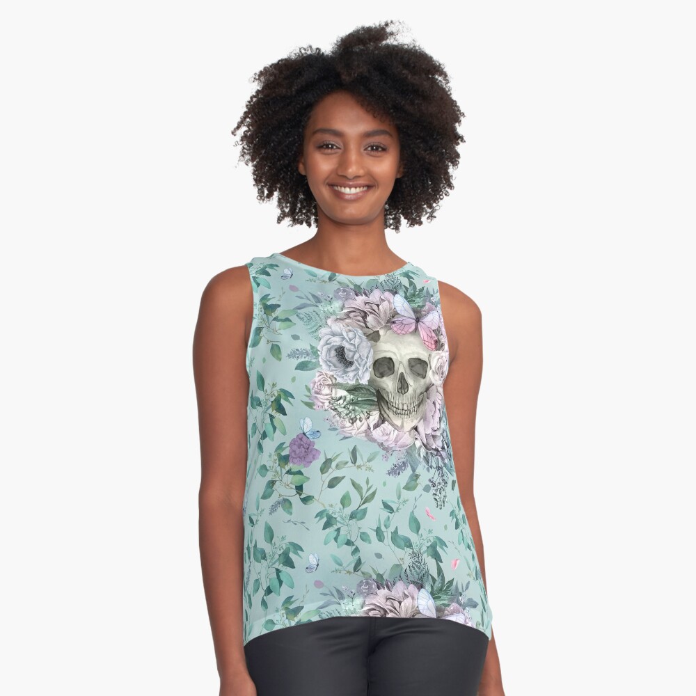 skull butterfly floral sleeveless shirt on redbubble, art by Sherrie Thai of Shaireproductions.com