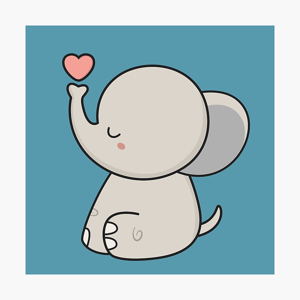 Kawaii Cute Elephant With A Heart Metal Print By Happinessinatee Redbubble