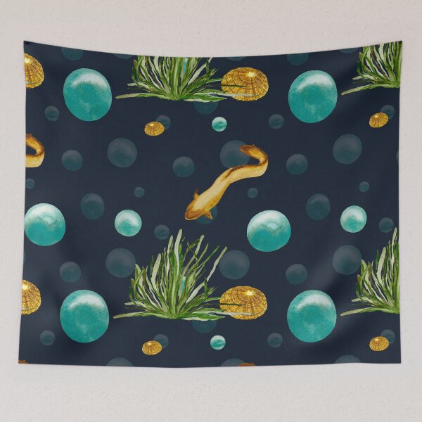 Item preview, Seaweed eel bubbles shell blue watercolor sketch  designed and sold by Yana Mustafina | Boho Soulful Designs.