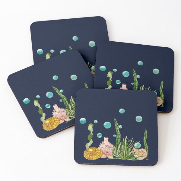 Item preview, Seaweed coral shell bubbles a watercolor sketch indigo designed and sold by Yana Mustafina | Boho Soulful Designs.
