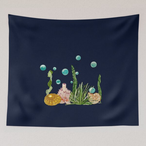 Item preview, Seaweed coral shell bubbles a watercolor sketch indigo designed and sold by Yana Mustafina | Boho Soulful Designs.