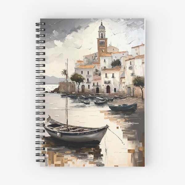 Aperçu de l'œuvre Peinture au couteau à palette vintage du village de pêcheurs de la côte de la mer, impressions AI, marron, gris créée et vendue par XIX361ART.