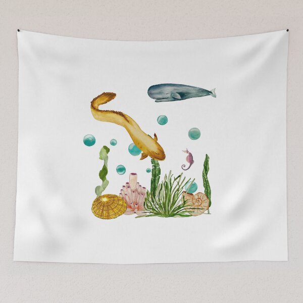 Item preview, Seaweed coral seahorse bubble eel whale watercolor designed and sold by Yana Mustafina | Boho Soulful Designs.