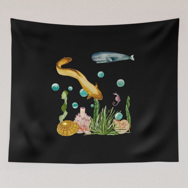 Item preview, Seaweed coral seahorse bubble eel whale watercolor black designed and sold by Yana Mustafina | Boho Soulful Designs.