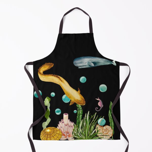 Item preview, Seaweed coral seahorse bubble eel whale watercolor black designed and sold by Yana Mustafina | Boho Soulful Designs.