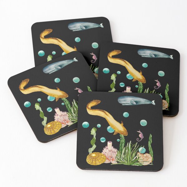 Item preview, Seaweed coral seahorse bubble eel whale watercolor black designed and sold by Yana Mustafina | Boho Soulful Designs.