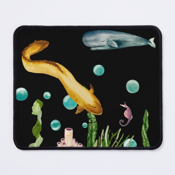 Item preview, Seaweed coral seahorse bubble eel whale watercolor black designed and sold by Yana Mustafina | Boho Soulful Designs.