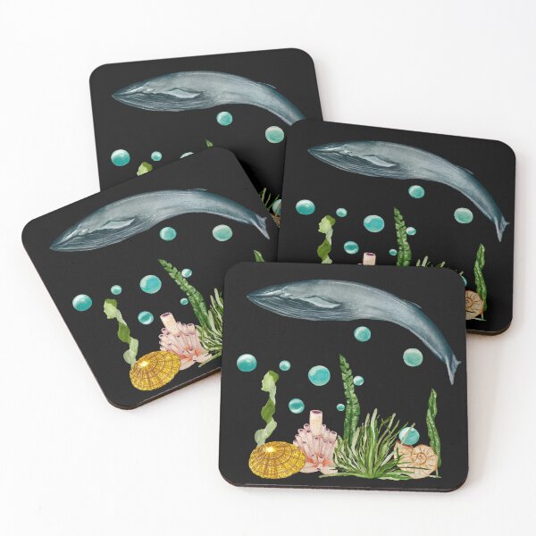 Item preview, Seaweed shell coral whale bubbles reef watercolor black designed and sold by Yana Mustafina | Boho Soulful Designs.