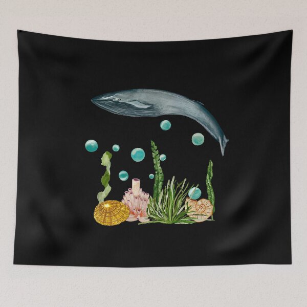 Item preview, Seaweed shell coral whale bubbles reef watercolor black designed and sold by Yana Mustafina | Boho Soulful Designs.