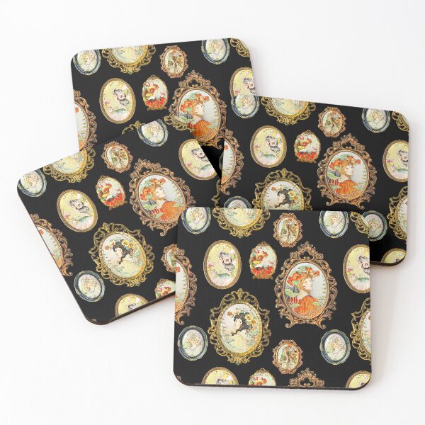 Item preview, Modern Vintage Art Nouveau Girls Flowers in Ornate Baroque Frames on Black designed and sold by tanjica.
