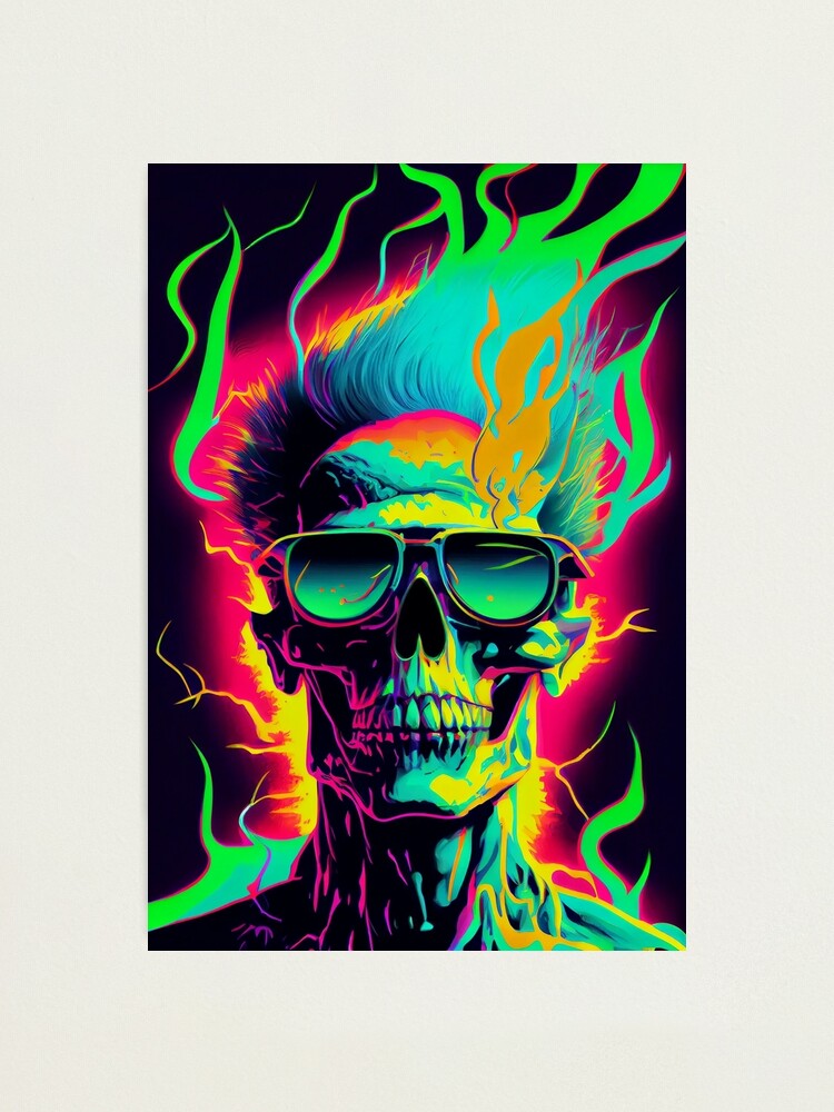 Shock Art - Glowing Neon Skull with Sunglasses - Shock Art Neon Vaporwave  Fusion | Photographic Print