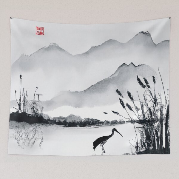 Item preview, Sumi-e Japanese ink painting, crane in pond with reeds designed and sold by Monkonthehill.
