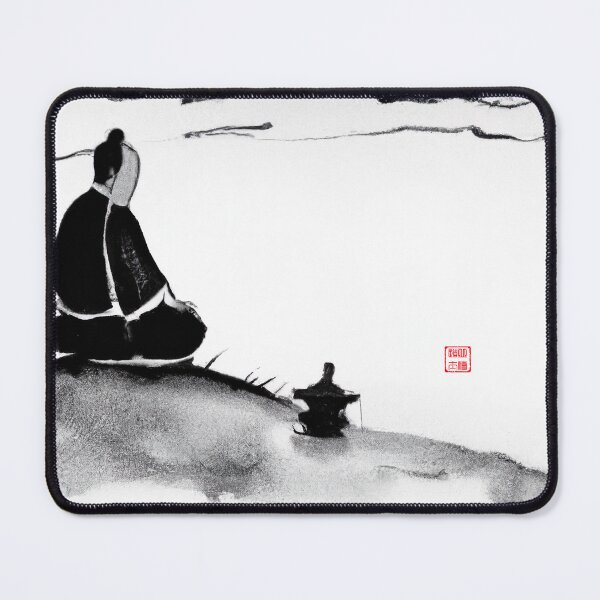 Item preview, Sumi-e Japanese ink painting, monk meditating in front of clouds designed and sold by Monkonthehill.