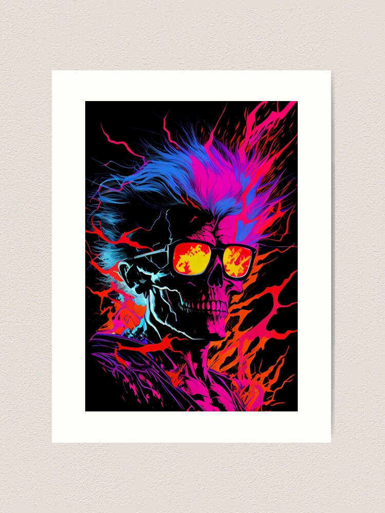 Shock Art - Glowing Neon Skull with Sunglasses - Shock Art Neon Vaporwave  Fusion | Art Print