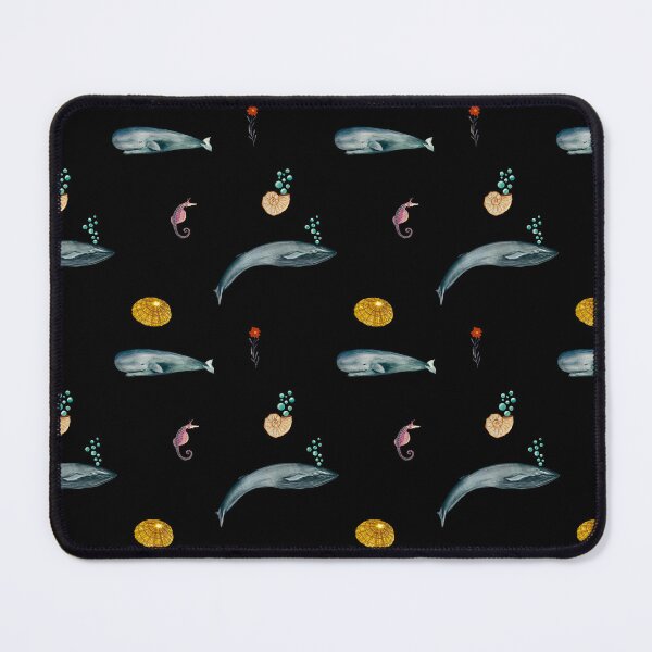Item preview, Whale shell sea horse seamless watercolor pattern black designed and sold by Yana Mustafina | Boho Soulful Designs.